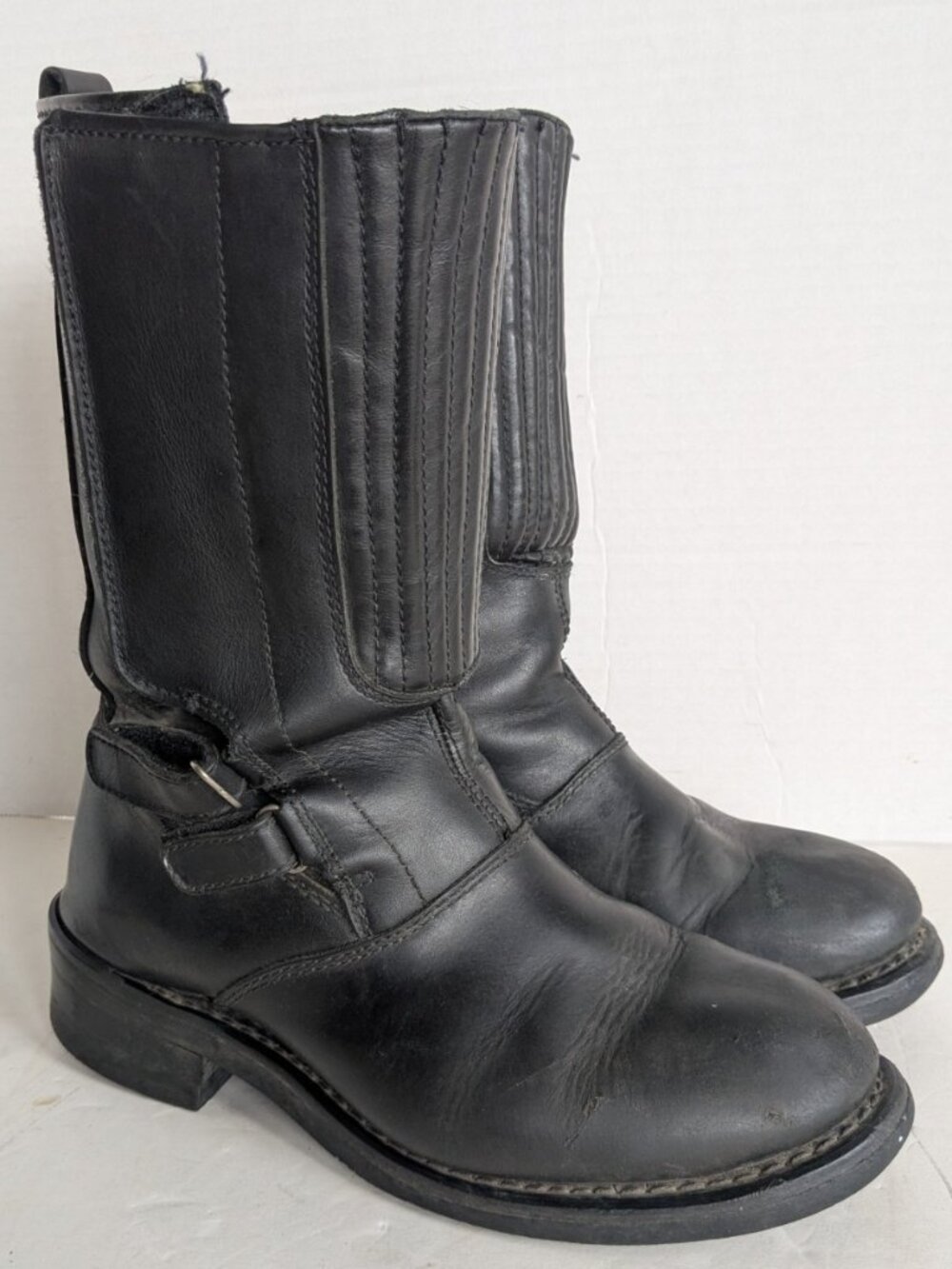 Men’s Black Leather Motorcycle Biker Boots Size 9 Mid Calf Riding Motorbike READ